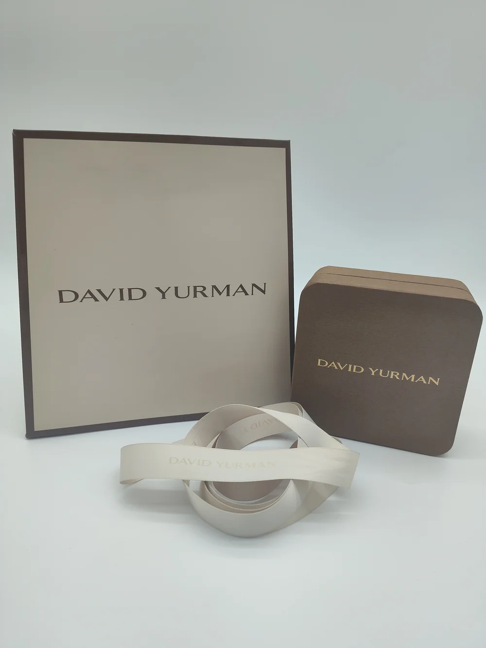 DAVID YURMAN Jewelry Gift Box Shopping Bag Ribbon Set Brown Ivory Packaging EUC